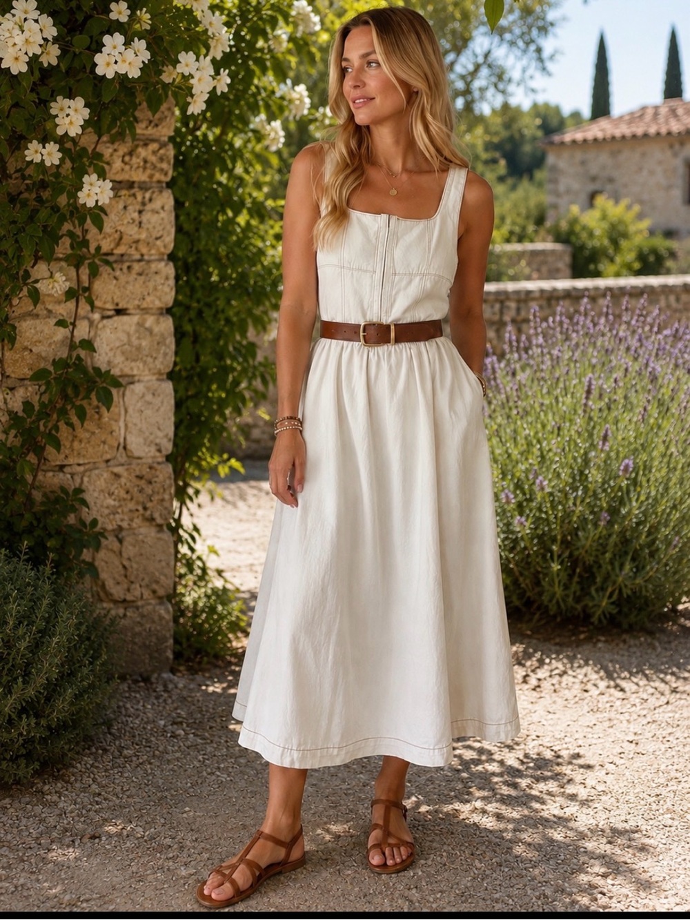 Sleeveless White Cotton Midi Dress with Front Hook and Eye